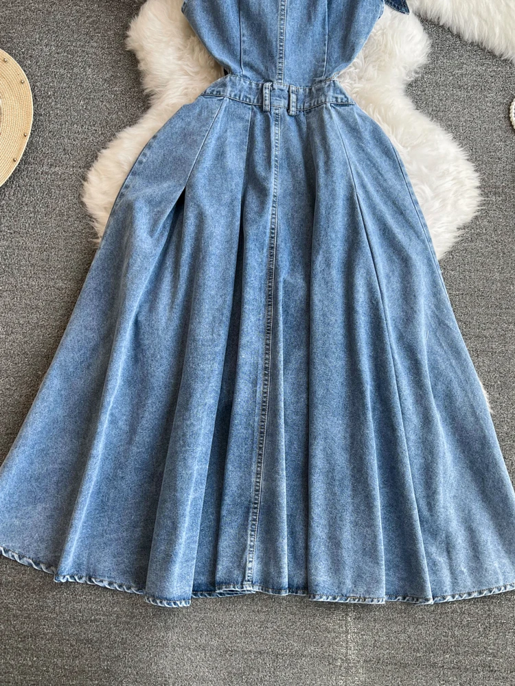 Dżinsowa długa sukienka z wycięciem w talii sukienki bez rękawów dla kobiet lato wyszczuplający temperament dekolt w serek rozcięcie Denim Vestidos