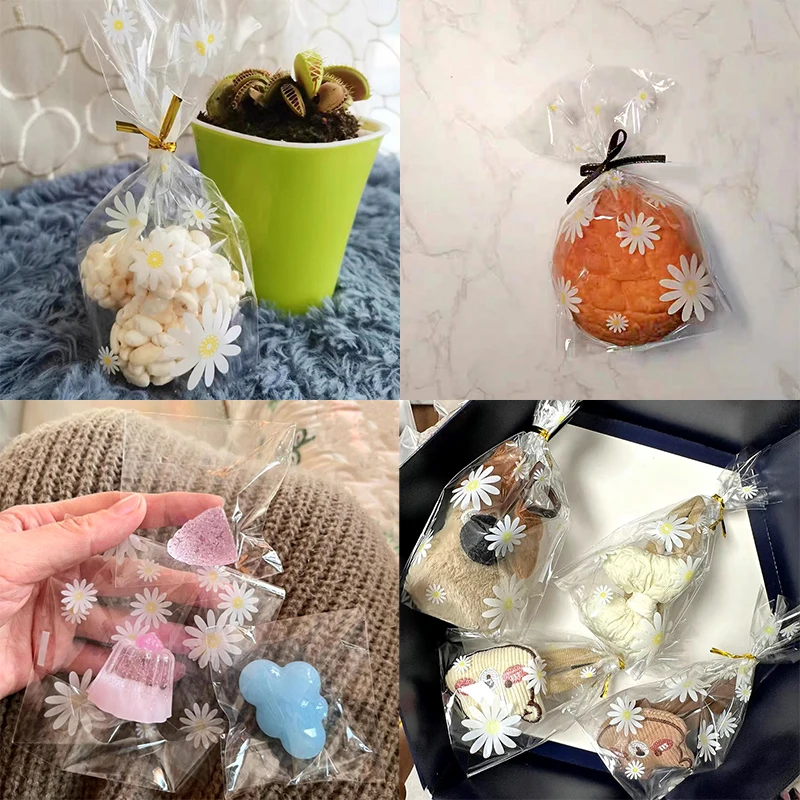 100/50PCS Daisy Candy Cookies Plastic Bags Transparent Baking Biscuits Gifts Packaging Bag For Wedding Birthday Party Decoration