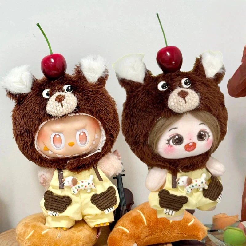 

For 10cm Cotton Doll Clothes For LABUBU 4th Generation Cute Drama Style Cherry Hat Bear Shaped Strap Pants Clothing Accessories