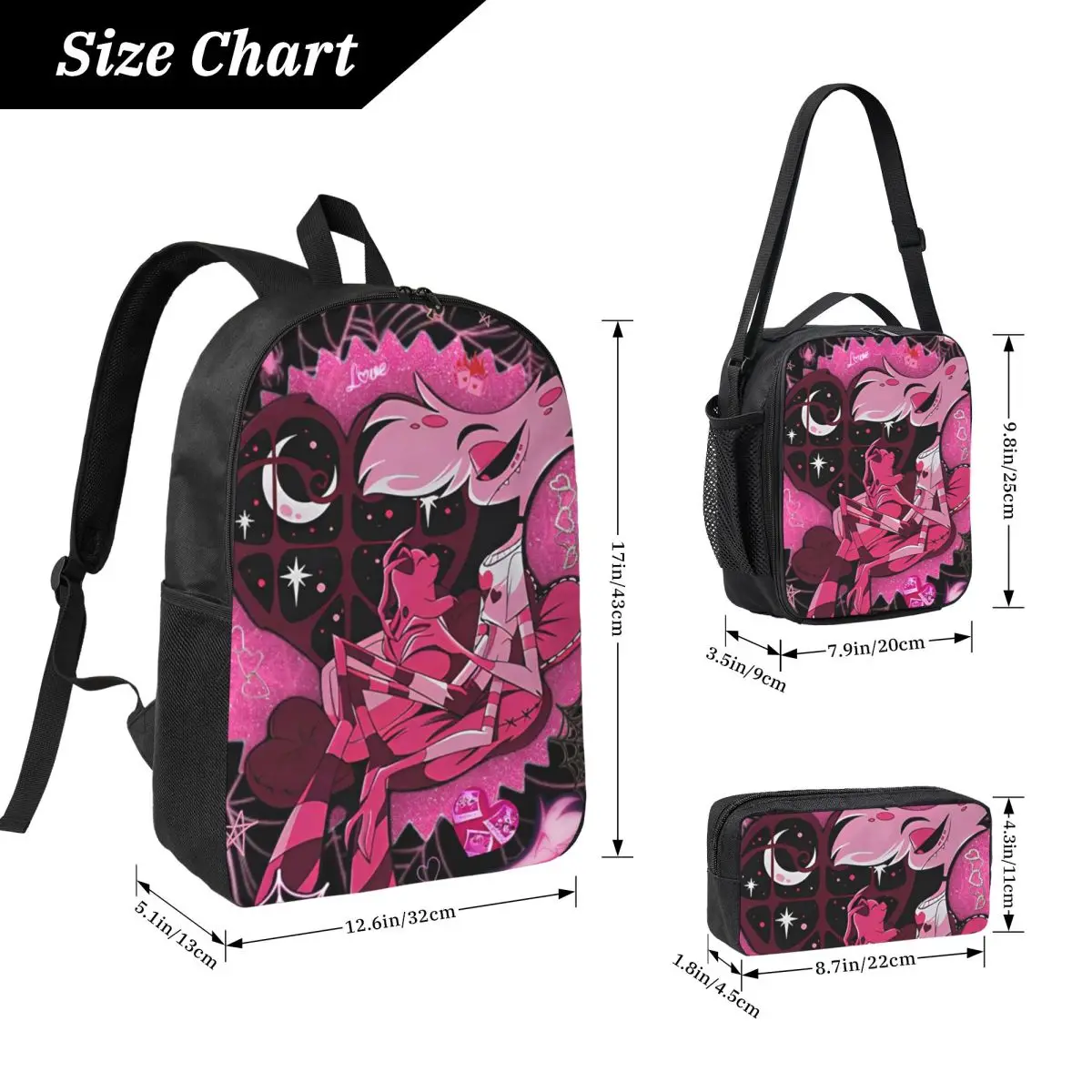 Angel Dust Hazbins Backpack Student BookBag School Bag Laptop Shoulder Bags 3ps Insulated Lunch Bag Pencil Case
