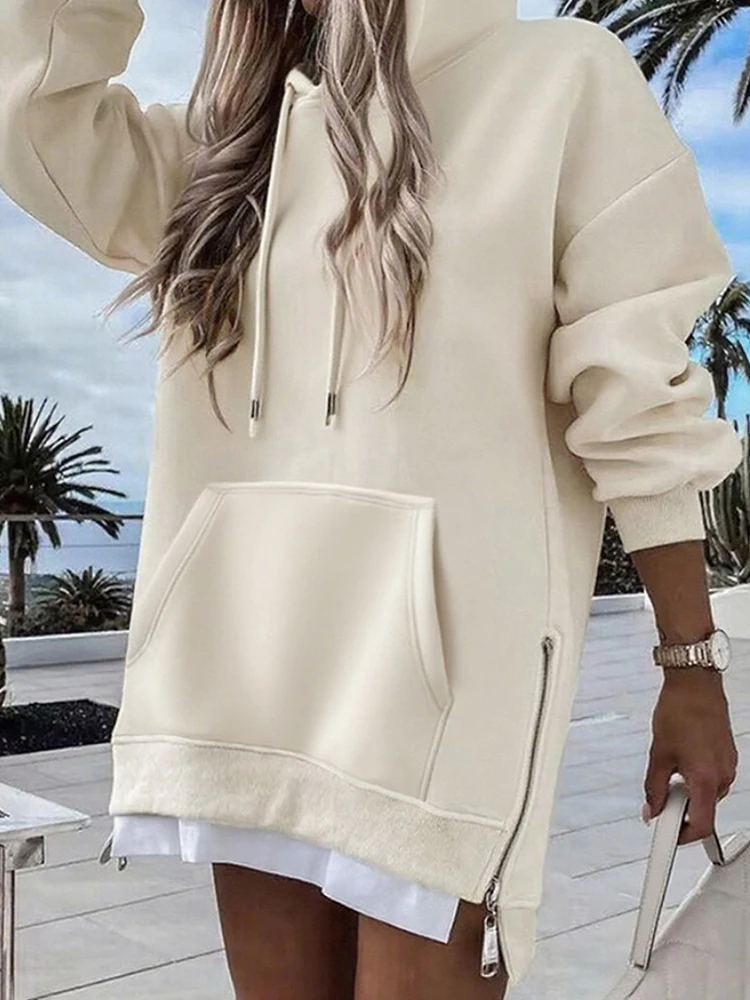 Feminino manga longa retalhos pulôver hoodie outono inverno moda cordão solto zíper simples hoodies 2025 topo streetwear