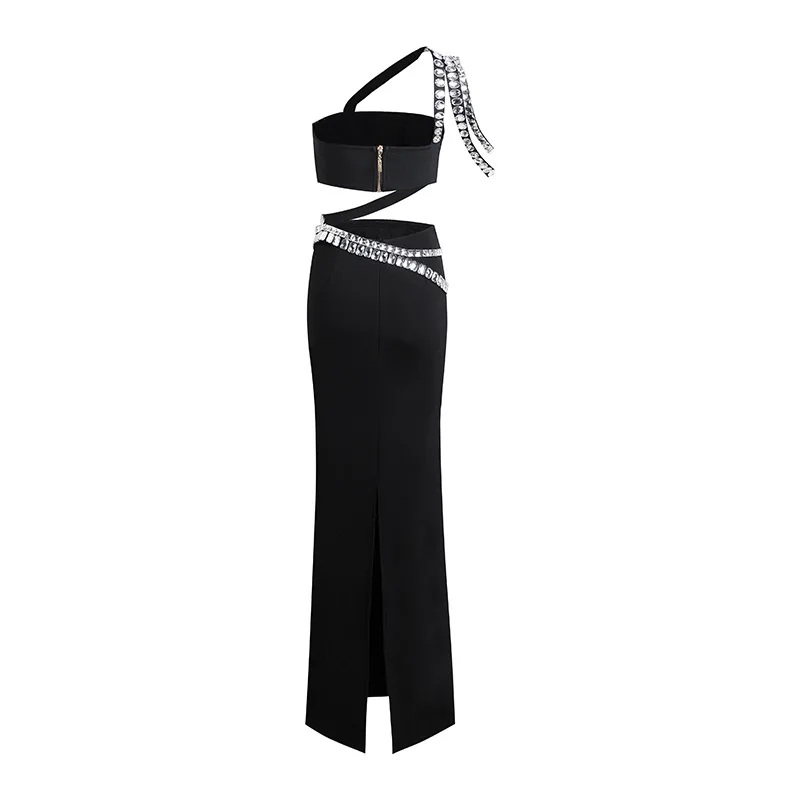 Women Luxury Black Party Outfits Crystal Camis Crop Top And Long Bandage Skirts Two Piece Sets Celebrity Evening Gala Dress