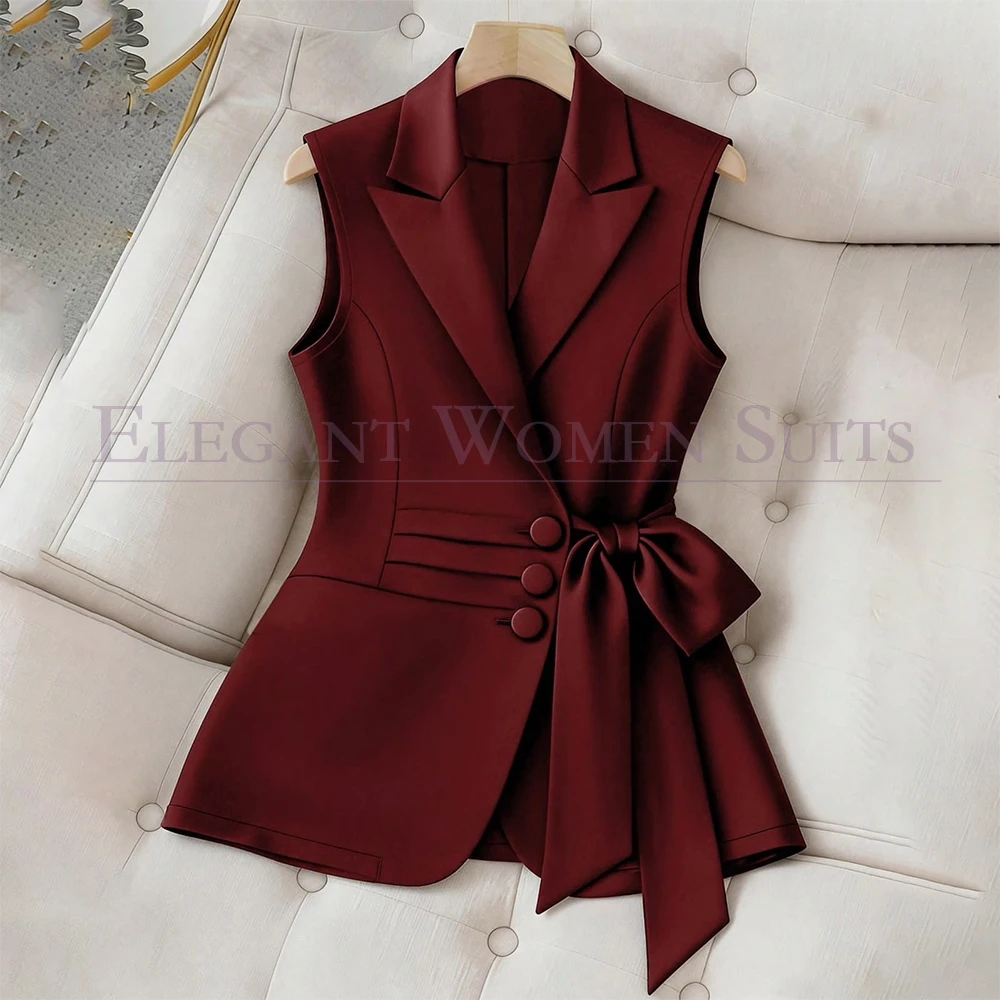 

Burgundy Sleeveless Women's Suits Fashion Pleat Single Breasted Peak Lapel 2 Piece Jacket Pants Elegant Female Clothing