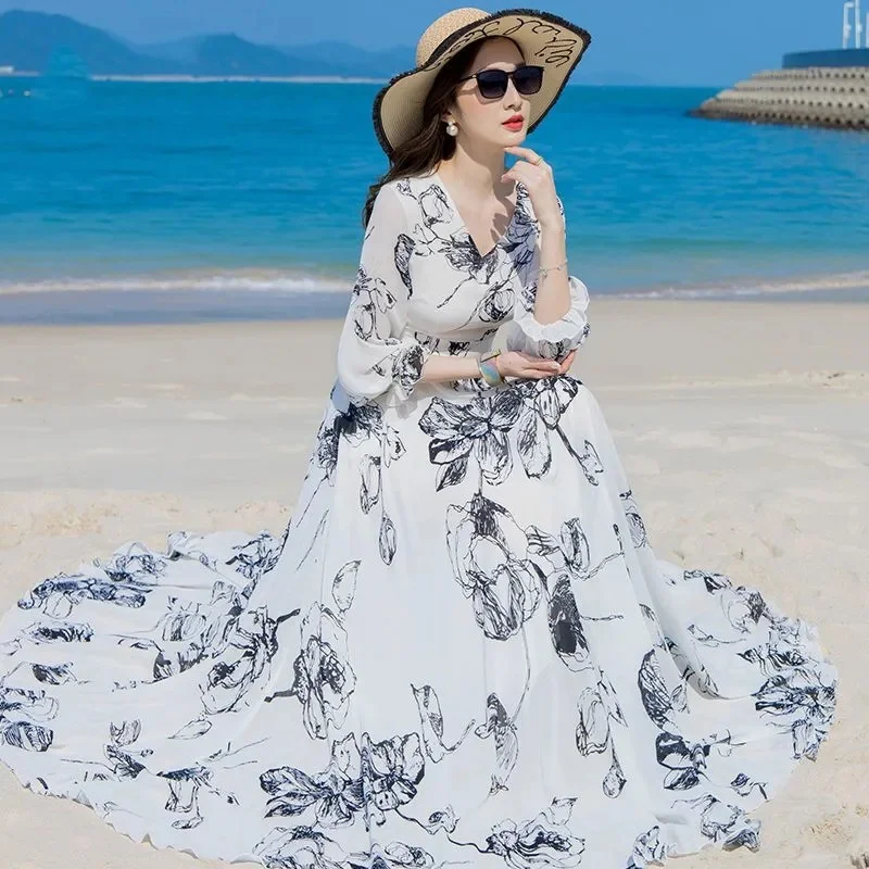

Летнее белое шифоновое платье с длинными рукавами и цветочным принтом для женщин, длиной до щиколотки, новинка 2025 года, длинное платье с v-образным вырезом, свободное тонкое утягивающее платье