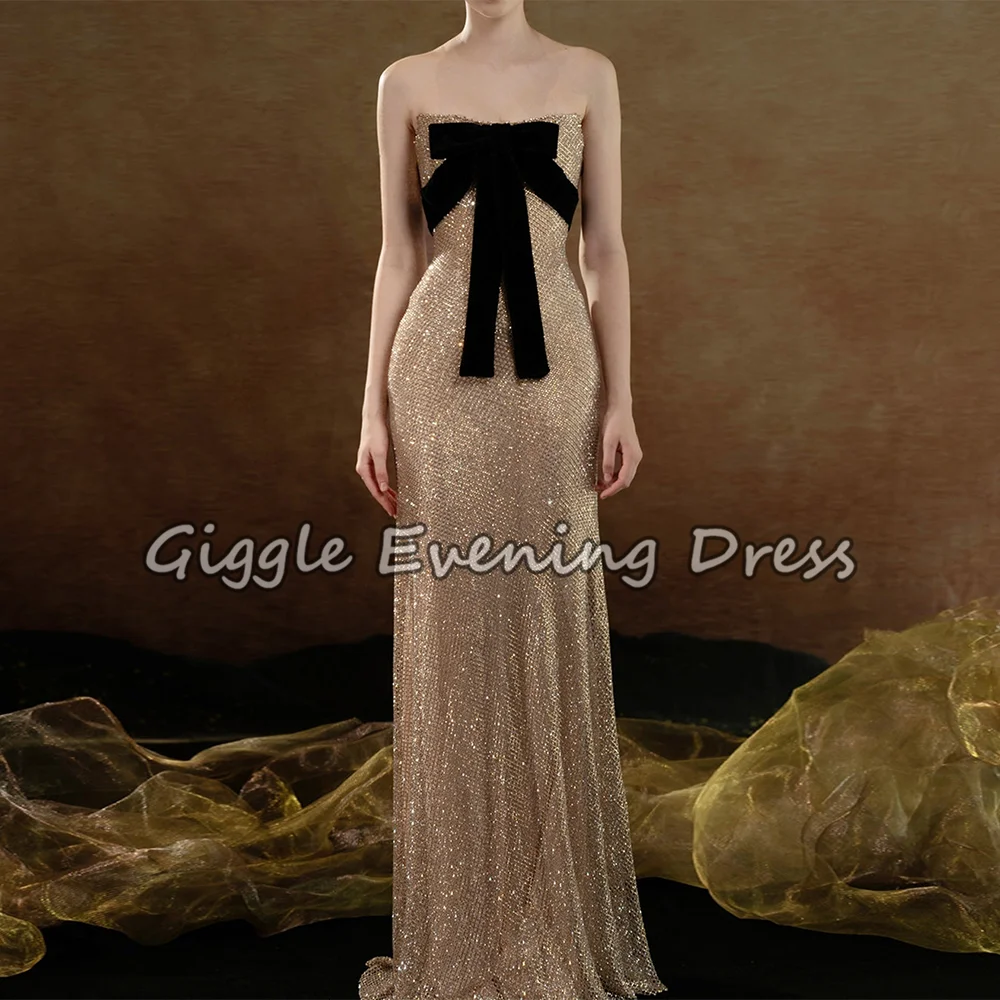 

Glitter Mermaid Strapless Evening Dresses With Velvet bow Gold Sequin Long Prom Dress Party Dress vestidos de gala Customized