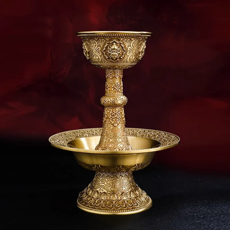 - brass protective deity cup ornament, Tibetan-style household offering items, eight auspicious symbols carved on a