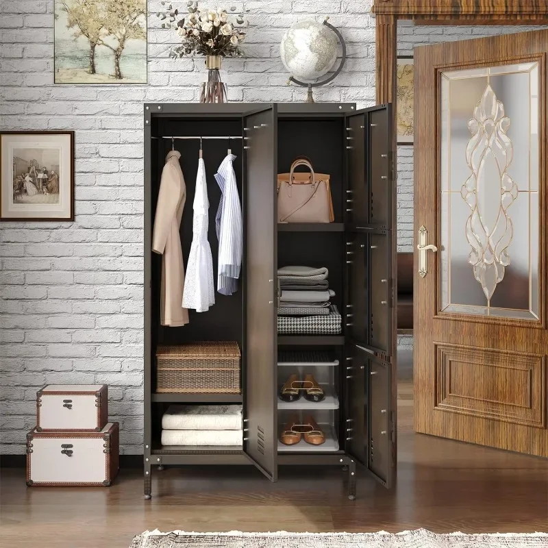 Rustic Metal Storage Cabinet with Shelf, Lockable Doors and Hanging Rod, Industrial Locker Cabinet for Living Room, Bedroom