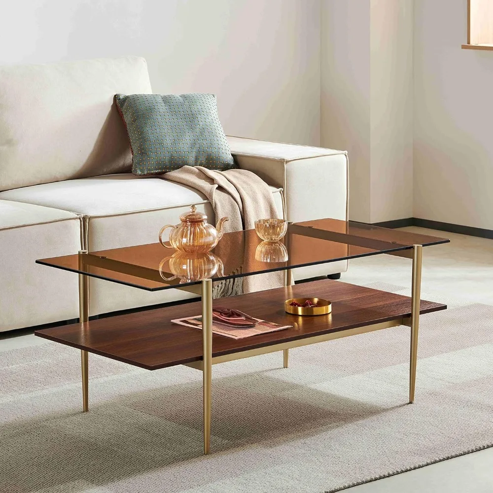 Double Layer Glass Coffee Table for Living Room, Brown Glass & Coffee Brown MDF Bottom Shelf, Living Room Table