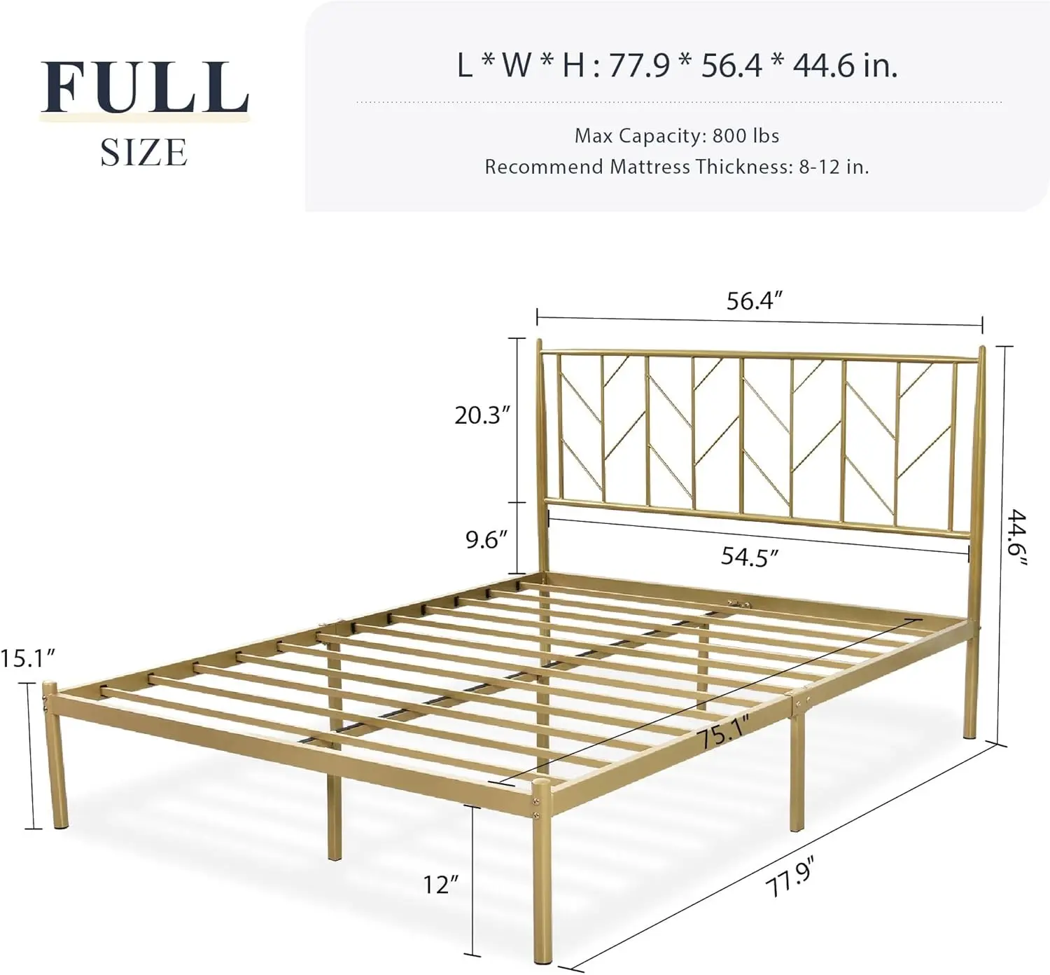 Full Size Platform Bed Frame with Vintage Headboard, 14 Inches Metal Mattress Foundation for Storage, No Box Spring Needed, Easy