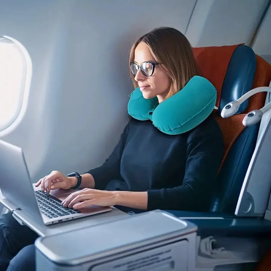 1 Pcs Flocking Inflatable Portable Neck Pillow Can Be Stored And Self Filled Suitable For Outdoor Travel Business Trips Camping