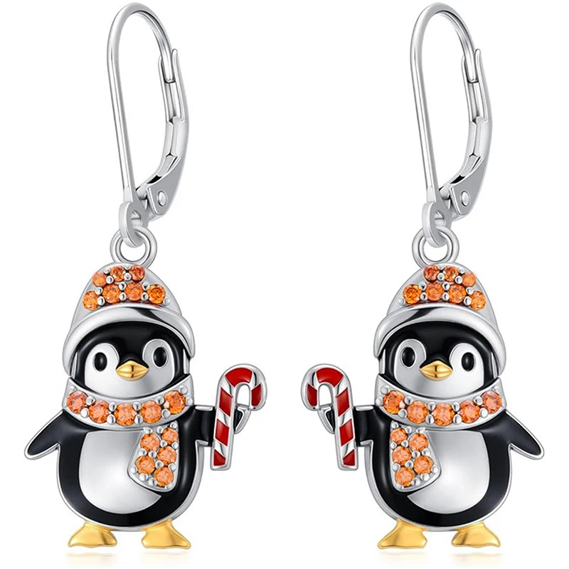 Huitan Two Tone Enamel Christmas Penguin Dangle Earrings with Shiny CZ Decor Xmas Holding Candy Cane Cute Festival Accessories