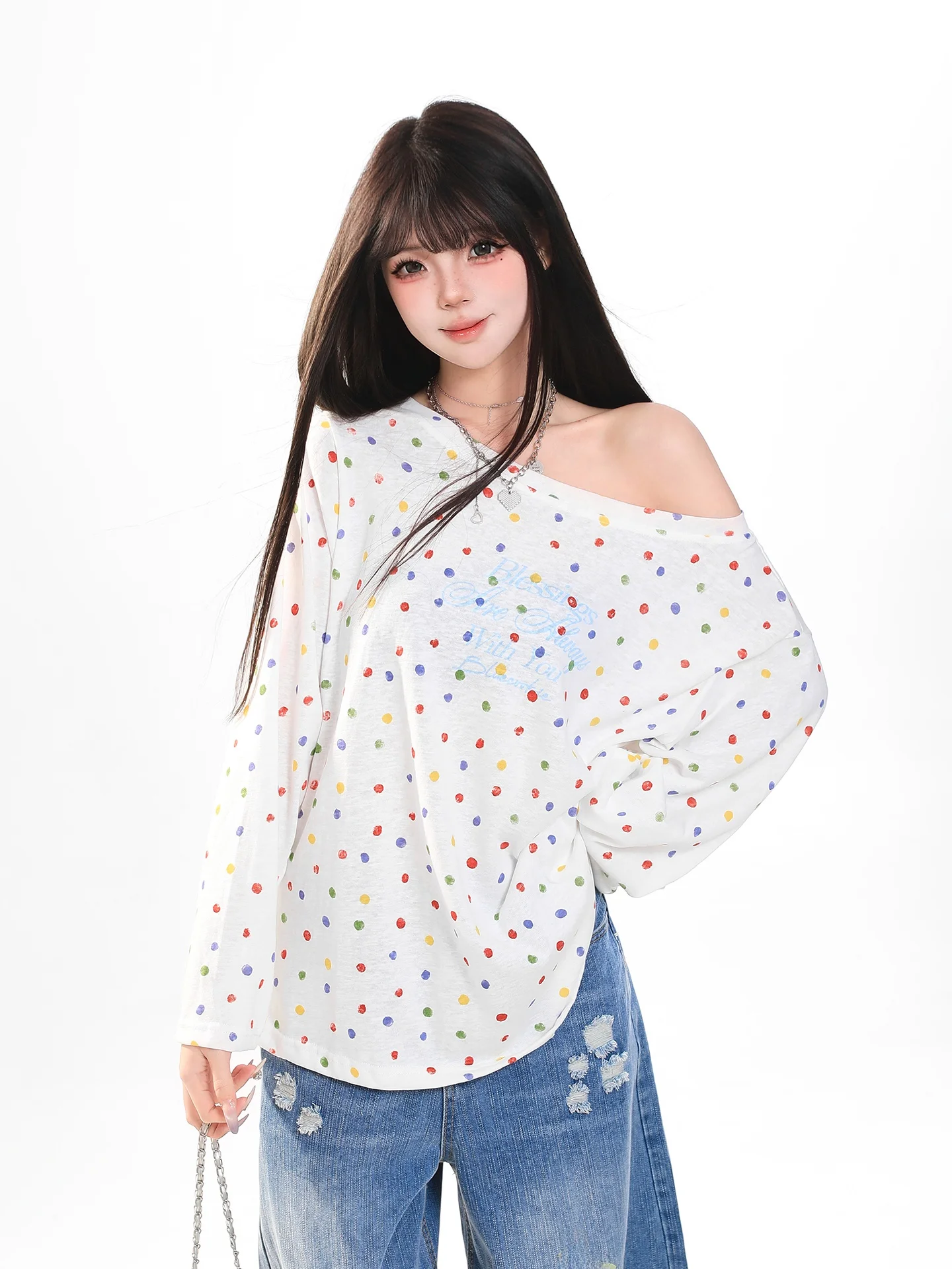Korean Style Long Sleeve Polka Dot Casual T-Shirt Women's Beautiful Anti-Aging Versatile Super Good Looking Sun Protection Co...