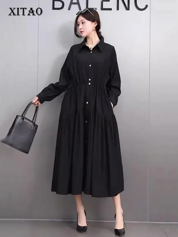 XITAO Draw Rope Single Breasted Fold Full Sleeve Dress Fashion Vintage French Solid Color Loose Slim Autumn Women Dress GMM1165