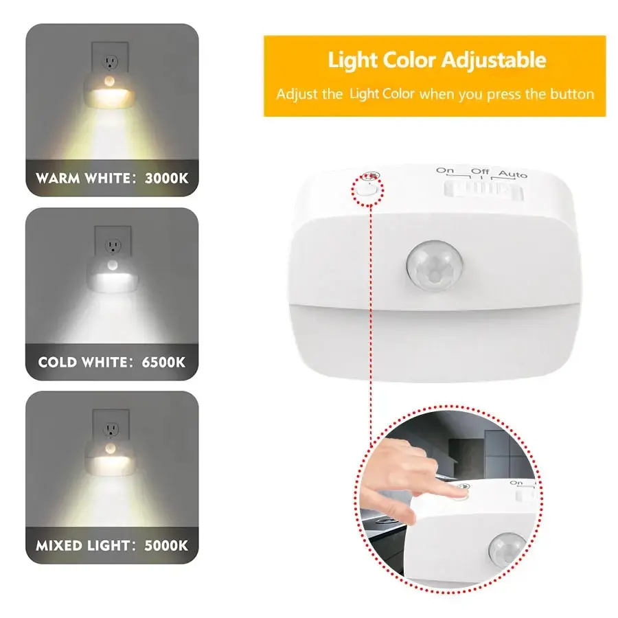 US EU Plug in LED Night Light Motion Sensor Lamp Nightlights Kitchen Bedroom Hallway Stairs WC Night Lamp 3 Colors Temperature