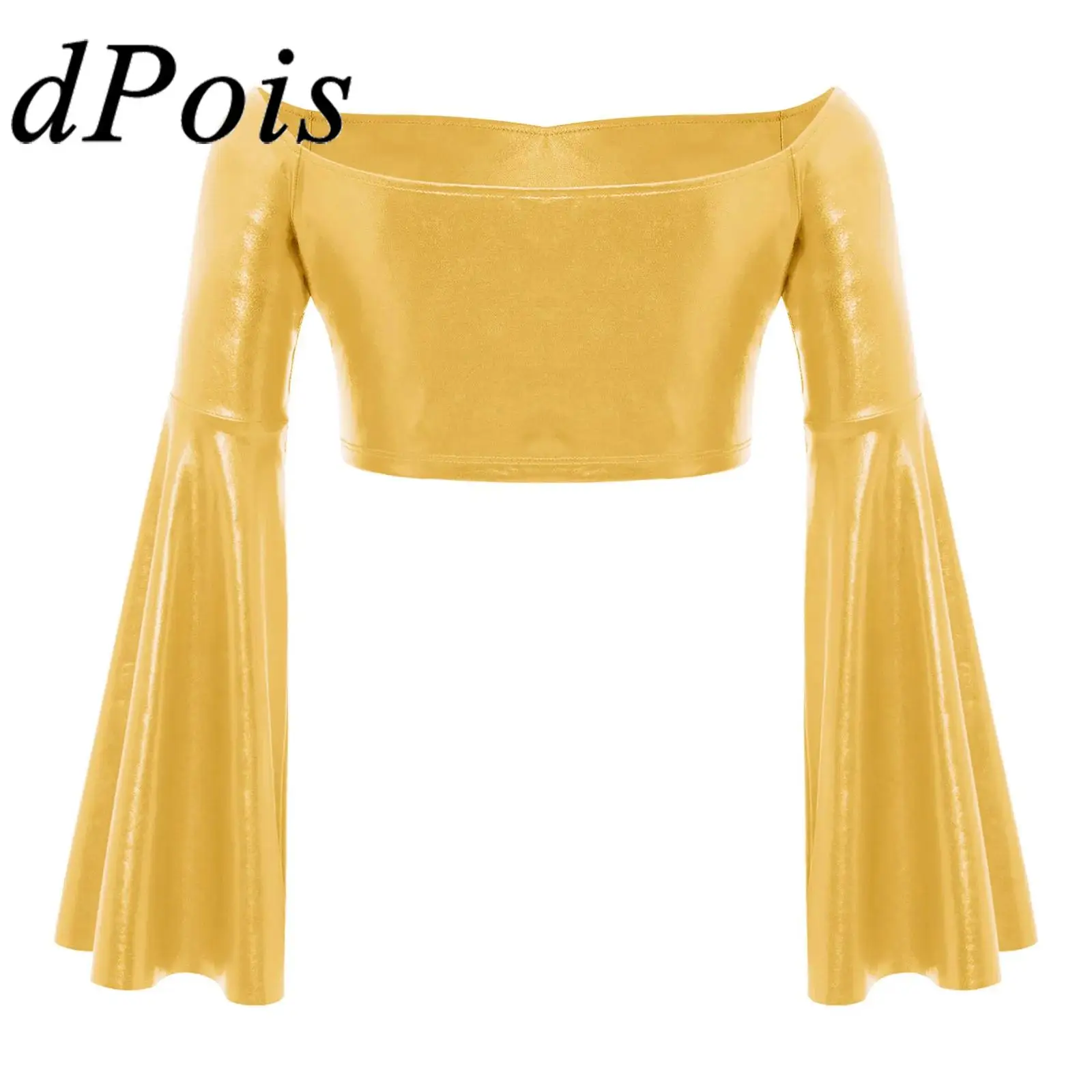 

Детский балетный укороченный топ металлик для девочек с расклешенными рукавами и открытыми плечами, топы для современных танцев, детский костюм для дискотек и вечеринки, сценический костюм