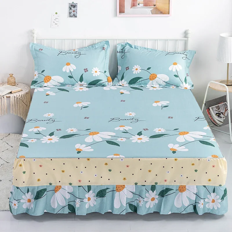 

Cotton Botanical Floral Bed Skirt Farmhouse Flower Bedskirt 3 Side Coverage 17 Inch Drop Dust Ruffle 1 Bed Sheet & 2 Pillowcase