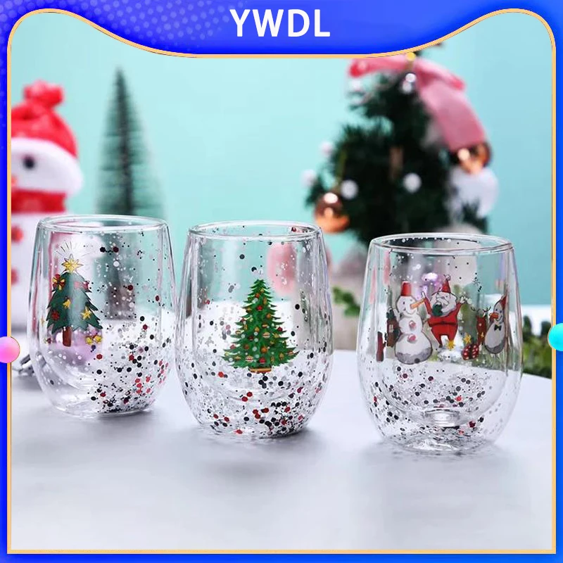 YWDL 1/2pcs Christmas Tree Double Wall Glass Cup Party Christmas Gift  Heat-insulated Espresso Coffee Mug Milk Tea Cup 300ml