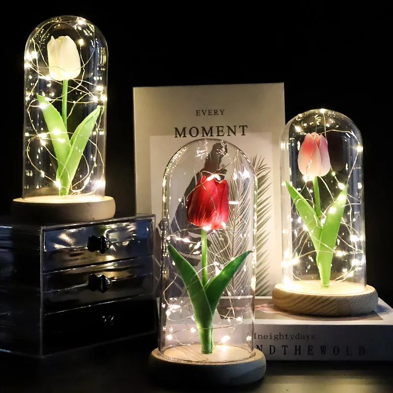 Veilleuse tulipe avec couvercle en verre pour petite amie, cadeau de simulation PU, décoration créative, cadeau de fête de Leon