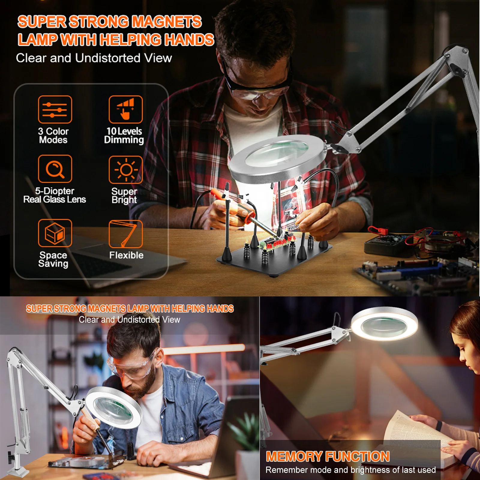 Lampe loupe pliante éclairée par USB, bras oscillant, loupe LED 5X, soudage, lecture, travail rapproché, lampe de bureau