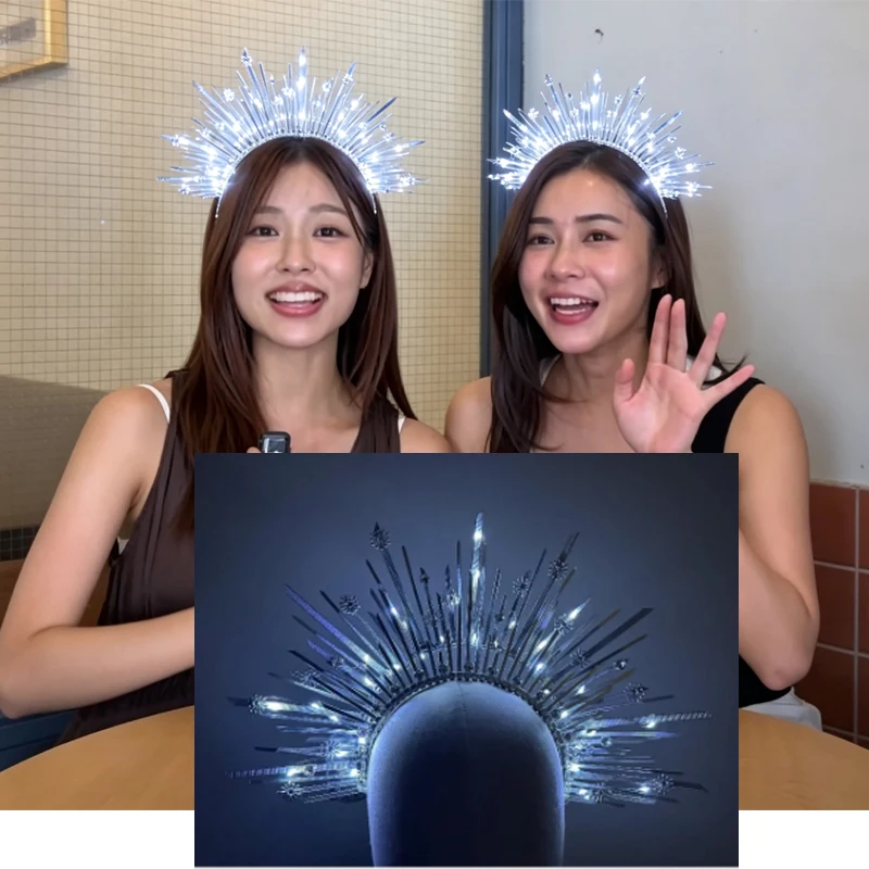 コールドホワイトledサンバーストハロークラウン、シルバーの輝くエンジェルヘッドピース（ラインストーン付き）、写真撮影やステージ用の光るヘッドバンド