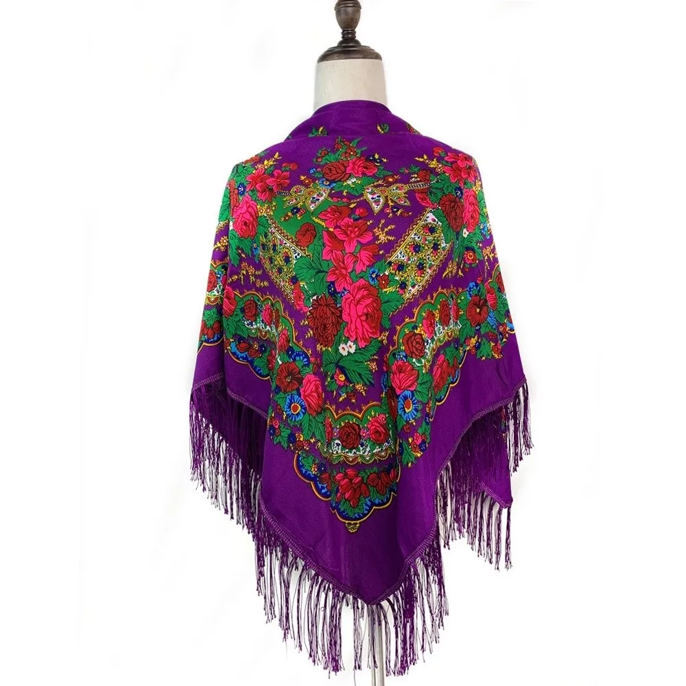 

Traditional 160*160cm Russian Style Muffler Scarf Fashion Oversized Retro Scarf Fringes Floral Poncho Shawl Neck Accessory
