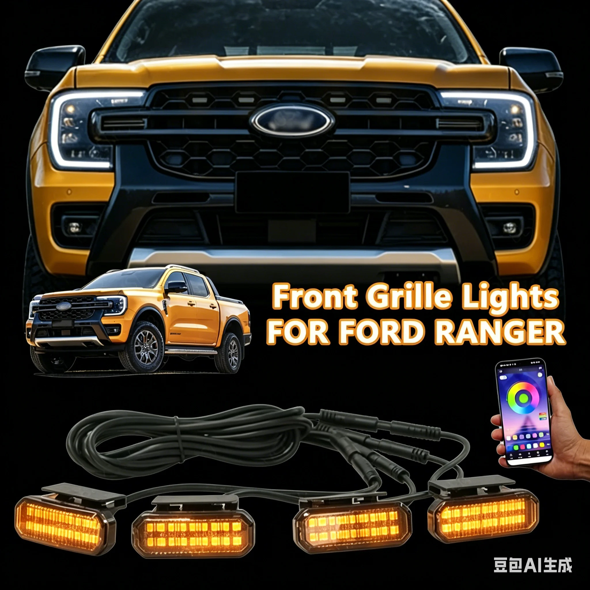 

FOR FORD RANGER APP Controlled LED Front Grille Yellow Lights Super Bright Daytime Running Lamps Specific Grill Lights