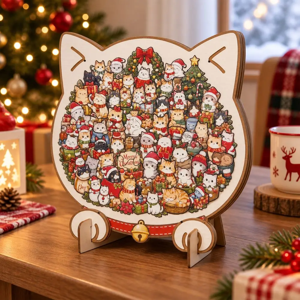 Wooden Christmas Dog Puzzle Irregular Shape Three Dimensional Puzzle Ornament Santa Pattern Freestanding Decorative Figurine