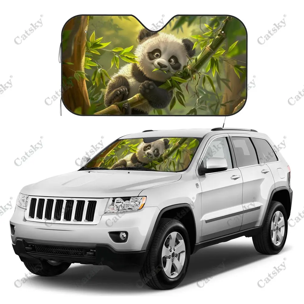 Cartoon Panda Eating Bamboo Car Windshield Sunshade,Auto Accessories Front Windshield Sun Visor Blocks Uv Rays Protect Decor