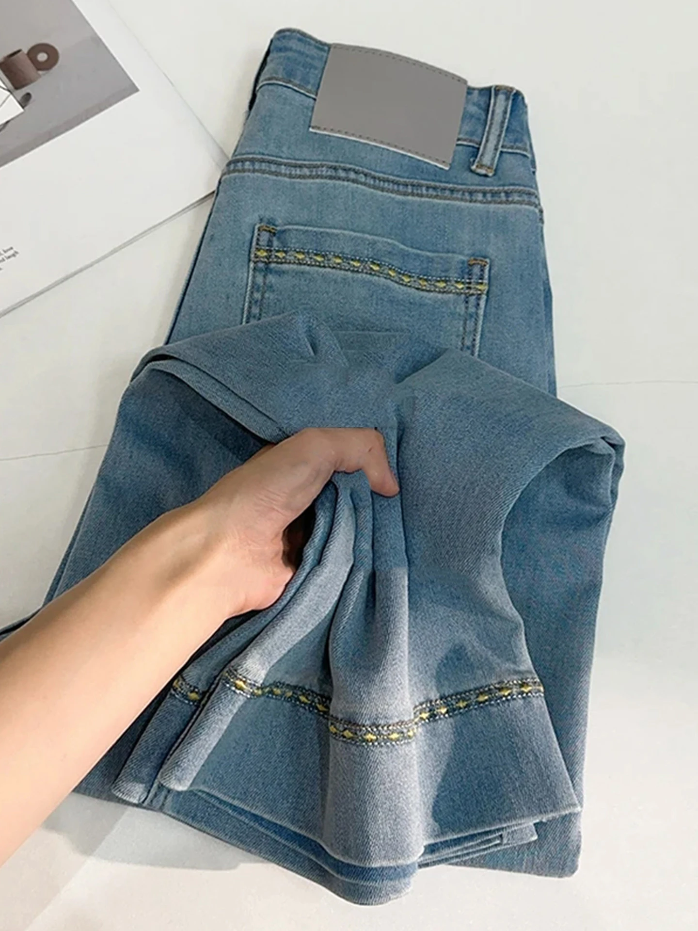 

Blue Ice Silk Jeans Women's Summer High Waist Loose Wide Leg Pants Thin Versatile Straight Denim Trousers Ankle-length Pants