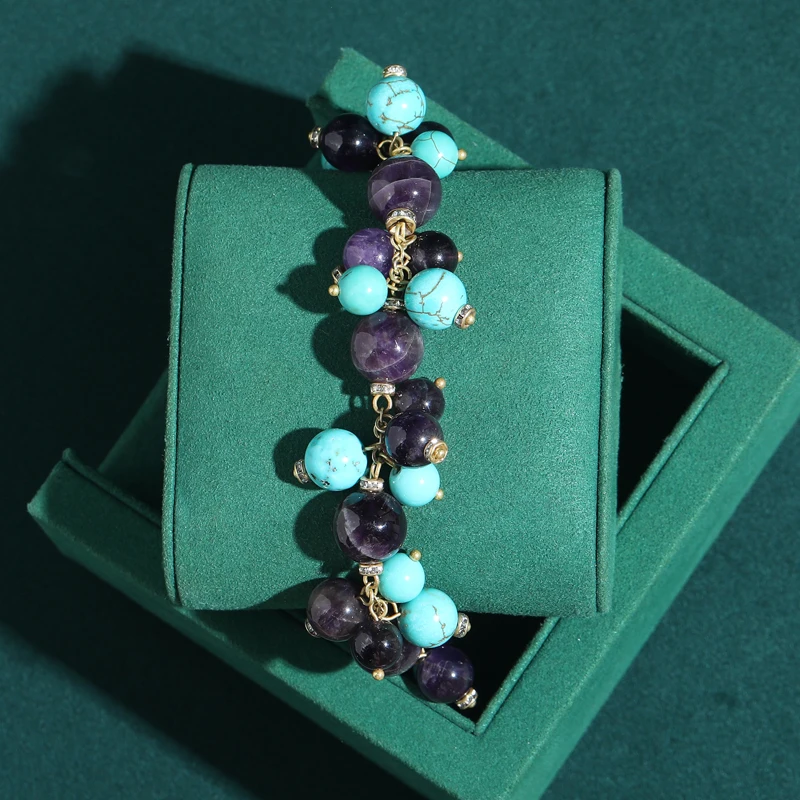 

Antique Vintage Turquoise Charm Bracelets Purple Natural Stone Gold Plated Jewelry Luxury 925 Original For Women Picnic Art Deco