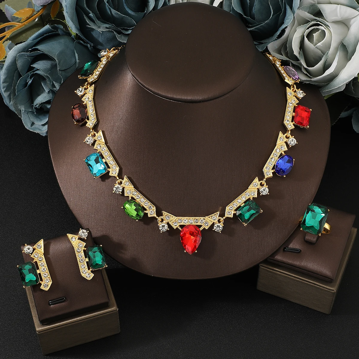 Elegant luxury Water drop full of zircon sparkling necklace earrings ring women\'s jewelry set  Wedding Jewelry For Bride