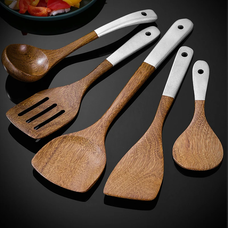 

Cooking Tool Sets Natural Wood Tableware Spoon Non-stick Pan Rice Colander Soup Cooking Spoon Scoop Kitchen Reusable Tool Kit