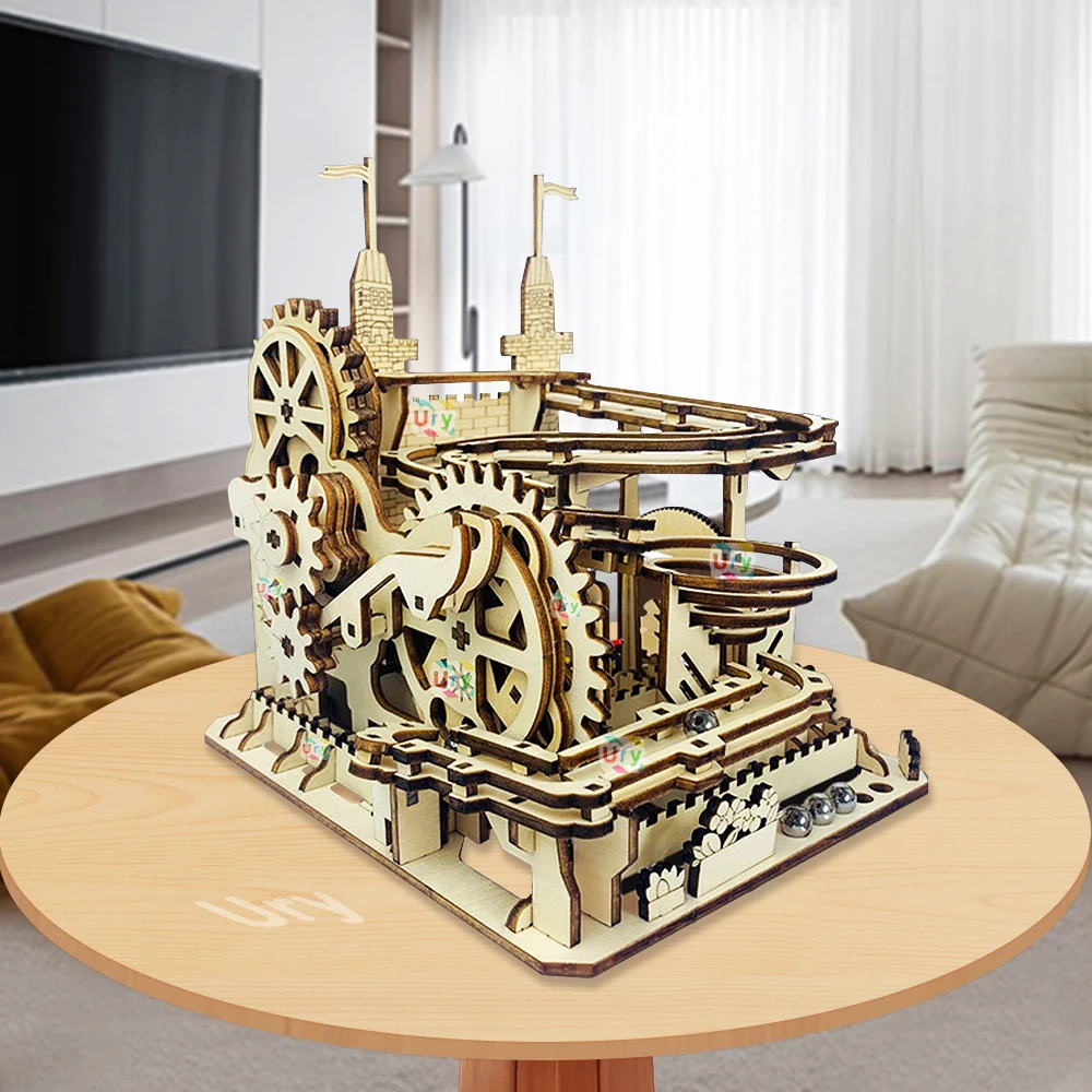 Ury 3d Houten Puzzels Elektrische Katapult Track Apparaat Kasteel Knikkers Run Set Mechanische Model Science Doolhof Montage Cadeau Voor Kind