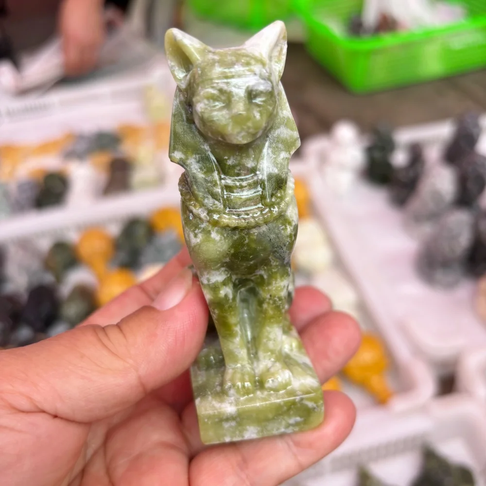 Natural Quartz Green Jade Egyptian Bastet Goddess Carving Polished Reiki Healing Fengshui Energy Room Decor High-Quality Gift