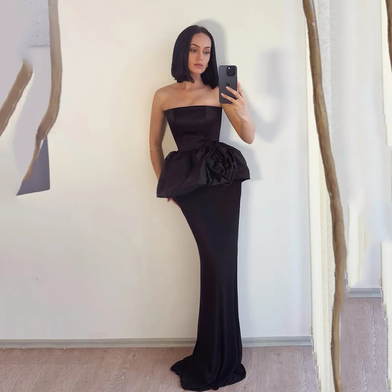 

Thinyfull Black Long Mermaid Prom Evening Dresses Strapless Sleeveless Party Dress Night Cocktail Ball Prom Gowns Customized