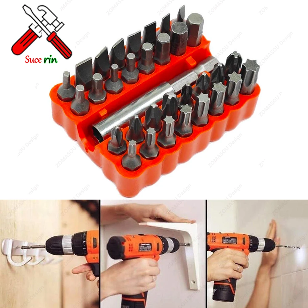 33pc Professional Security Screwdriver Bit Set - Torq Torx Hexagonal Star Spanner Electric Holder Bits 1/4