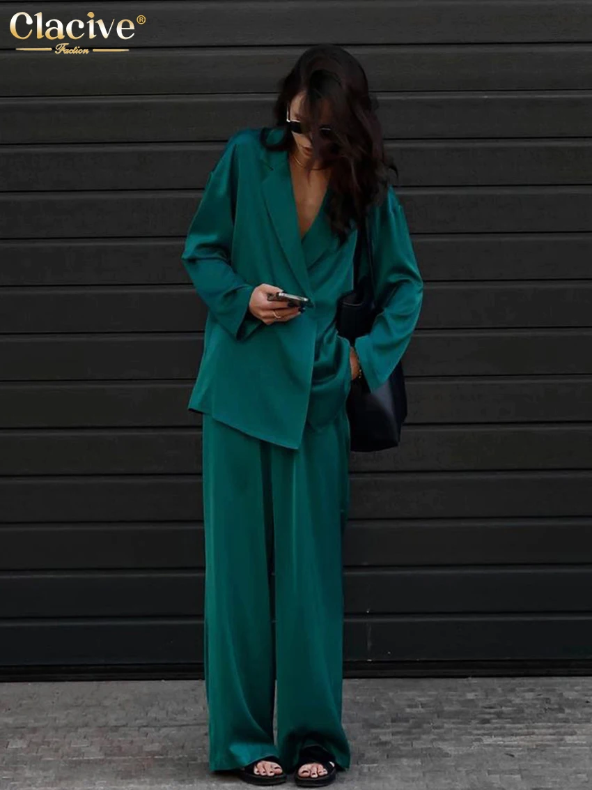 Clacive Fashion Long Sleeve Blazer Two Piece Sets Women Outifits Casual Loose Office Pants Set Elegant Green Satin Trouser Suits