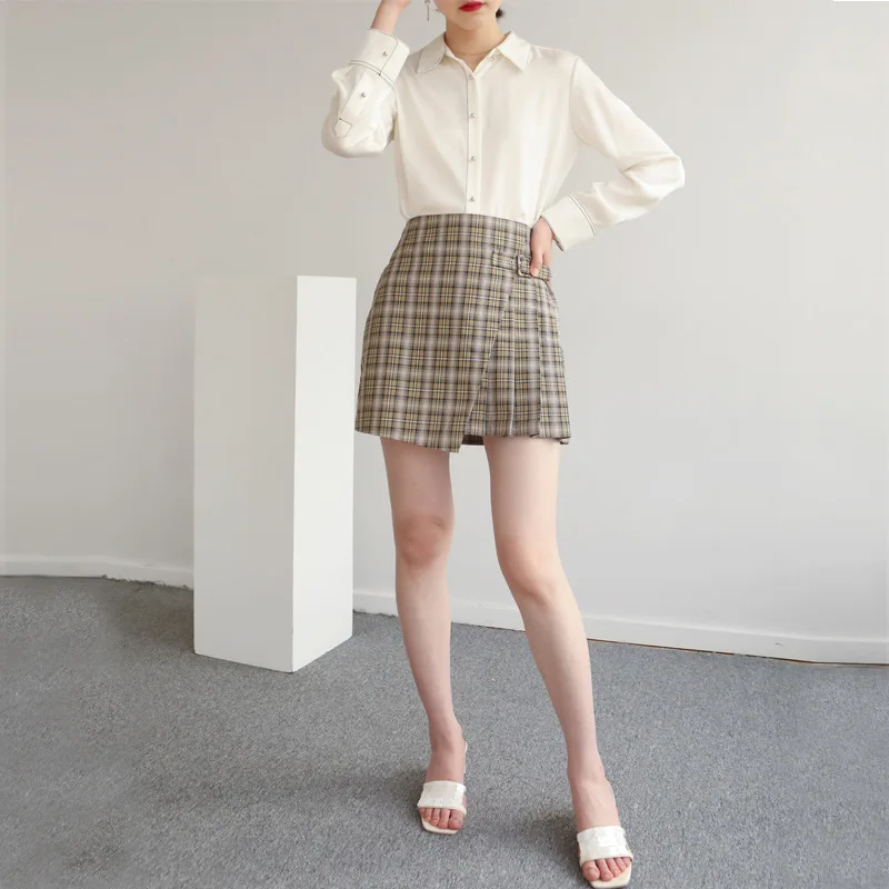 

Women Patchwork A-line Thin Temperament Short Skirt Plaid Skirt 2024 Summer New High Waist Korean Pleated Skirts Female OL Style