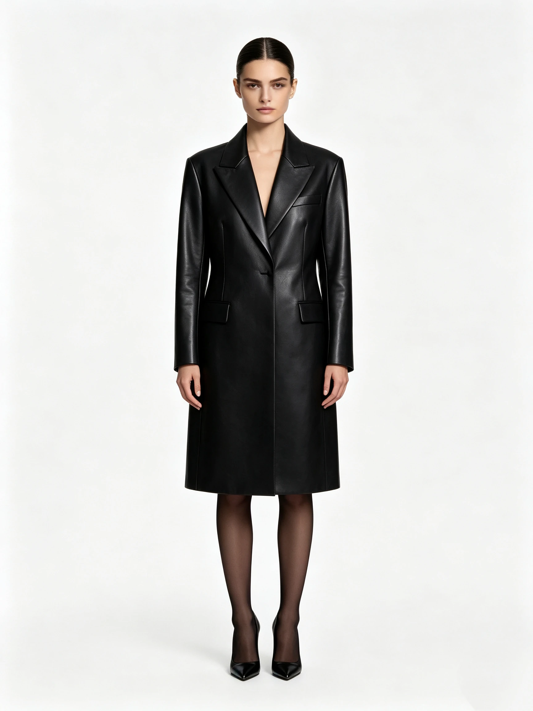Women's Mid-Length Faux Leather Coat with Structured Shoulders and Classic Lapel