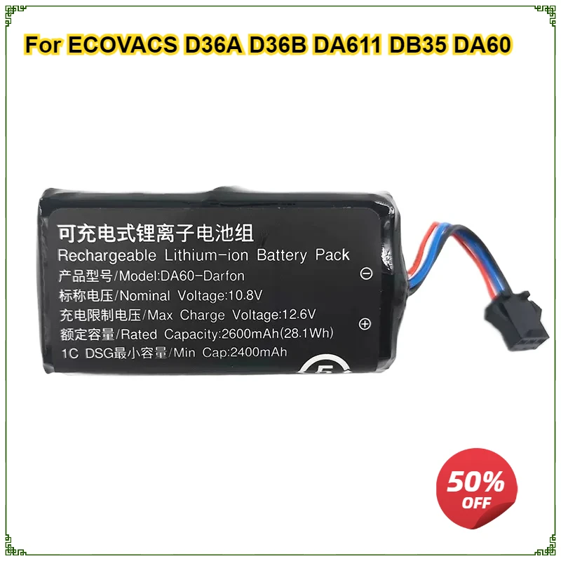 

Battery for ECOVACS D36A D36B DA611 DB35 DA60 Sweeping Robot Lithium Ion Rechargeable Battery 2600mAh 10.8V DA60-Darfon