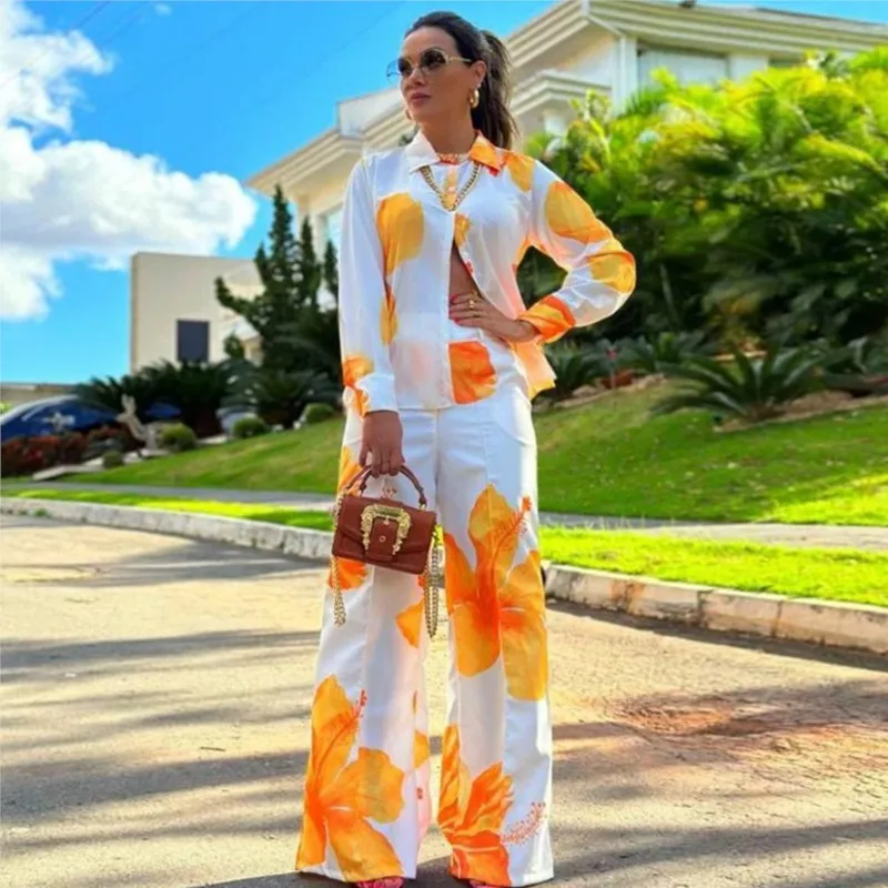 

Fashion Printing 2-piece Set Long-sleeved Lapel Single-breasted Shirt Top Wide-leg Pants Women Summer Loose Suit Female Vacation