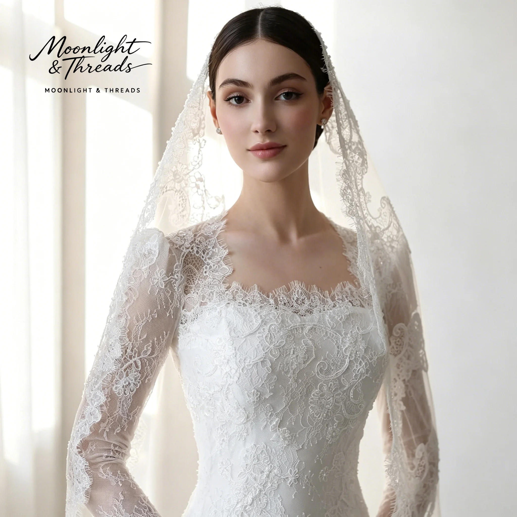 White Lace Strapless Long Sleeve Mermaid Floor-Length Formal Wedding Dress with Delicate Embroidery and Lace Veil