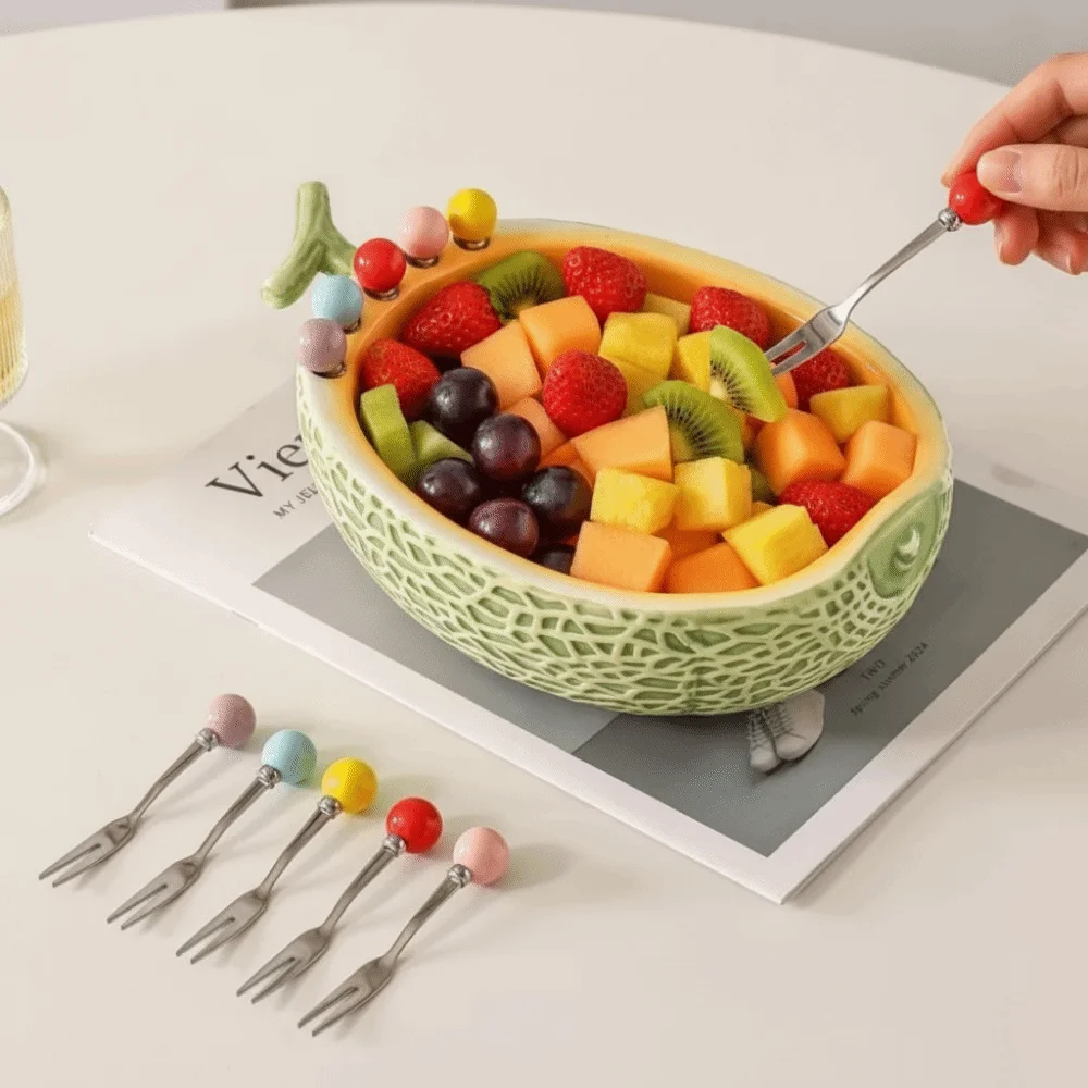 Ceramics Fruit Bowl with Fork Hami Melon Shape Large Capacity Fruit Serving Plate with 6 Fruit Fork Comfortable Grip