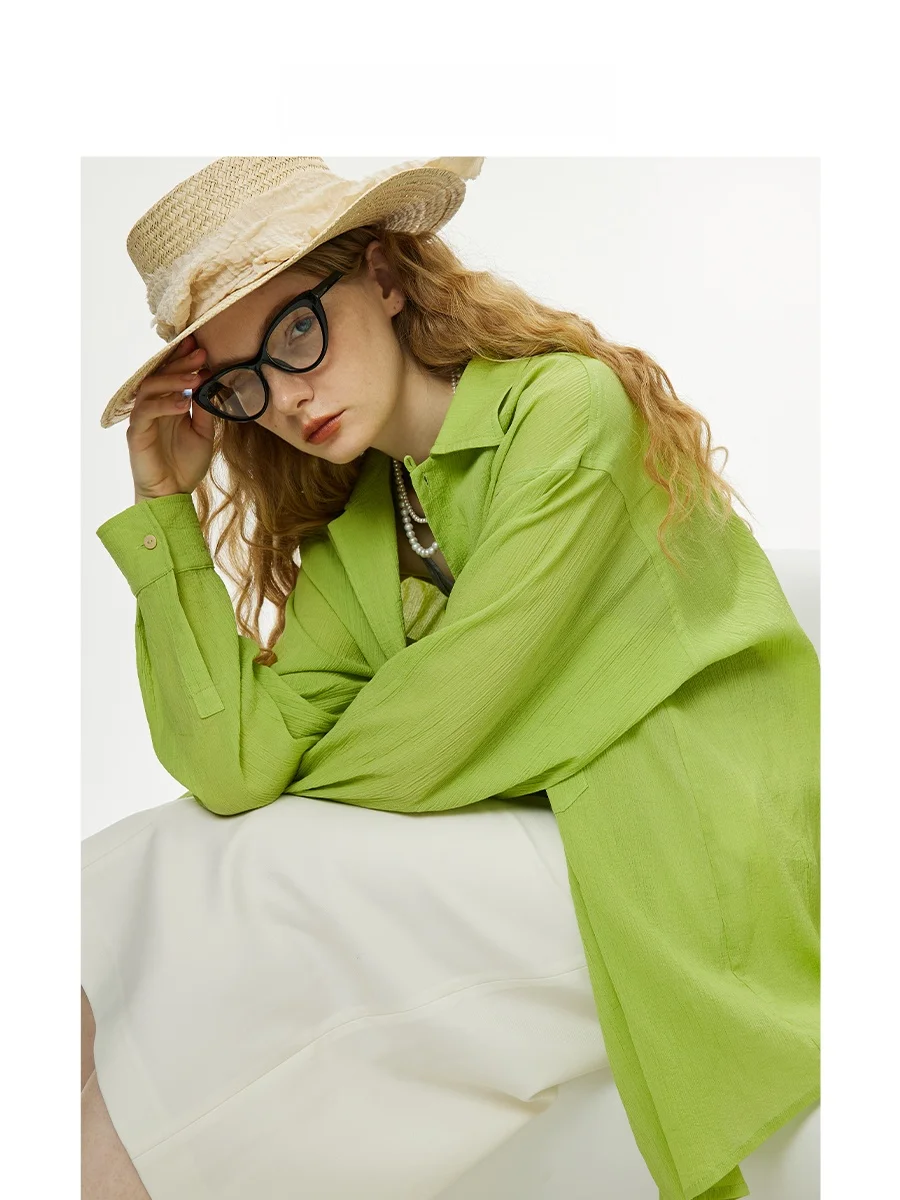 

Свободная рубашка-накидка из чистого хлопка с эффектом мятой ткани, защита от солнца, для повседневной носки, однотонная, с длинными рукавами.