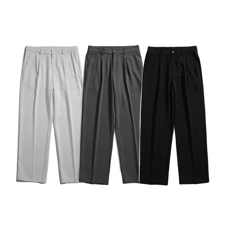 

Мужские однотонные брюки на молнии со средней талией и карманами, свободные спортивные брюки, повседневные широкие брюки полной длины, весенние прямые сращенные плоские брюки