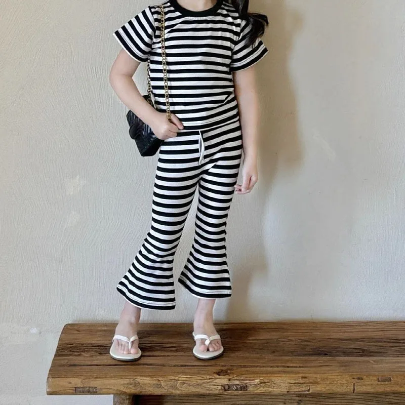 

1pcs Summer Children Stripe Clothing Sets Baby Toddler Short Sleeve Tops+Bell-Bottoms Set Girls Kids Fashion Leisure Clothes Set