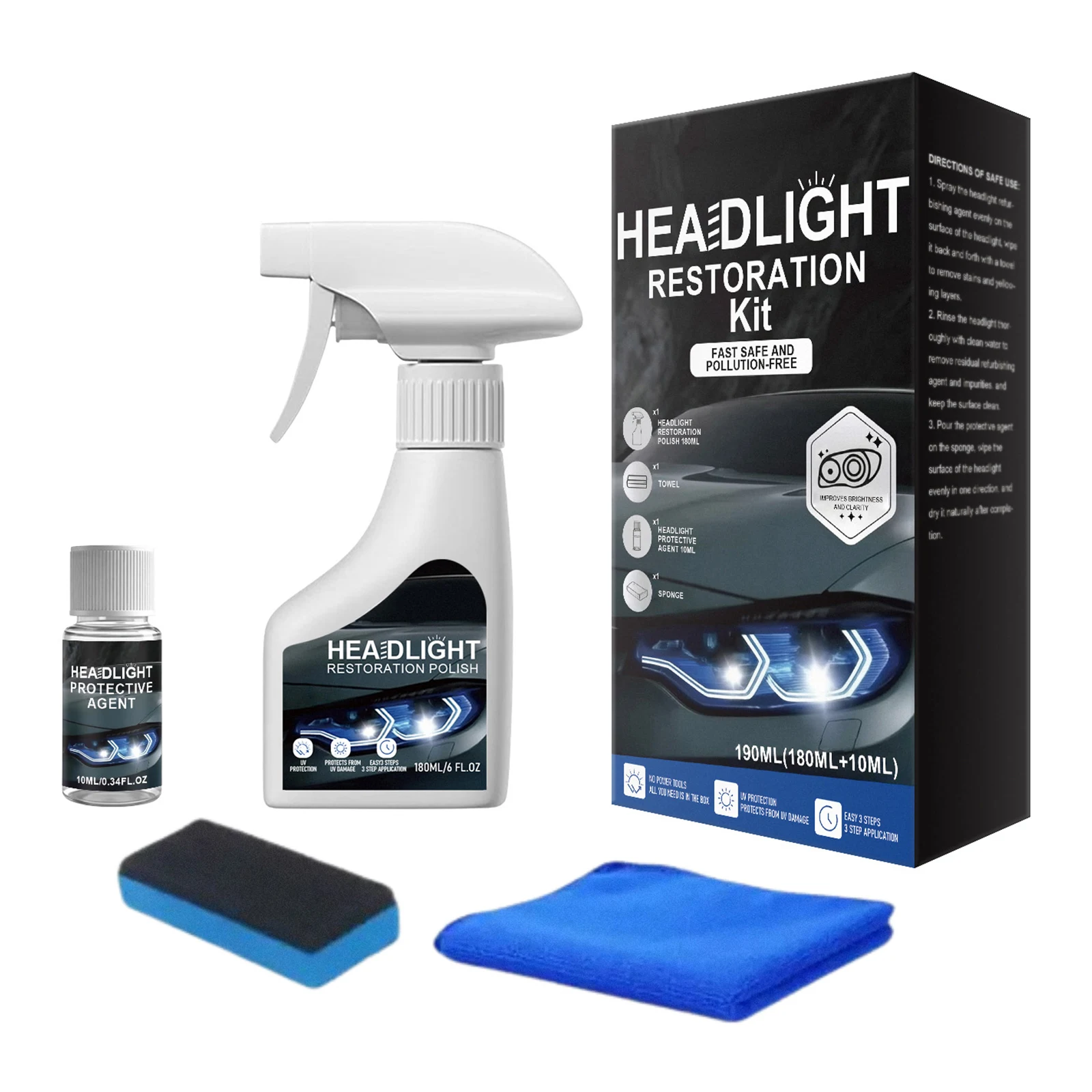 Car Headlight Restoration Kit with Towel and Sponge Car Headlight Cleaner for All Vehicle Types for Oxidized and Yellowed Lenses