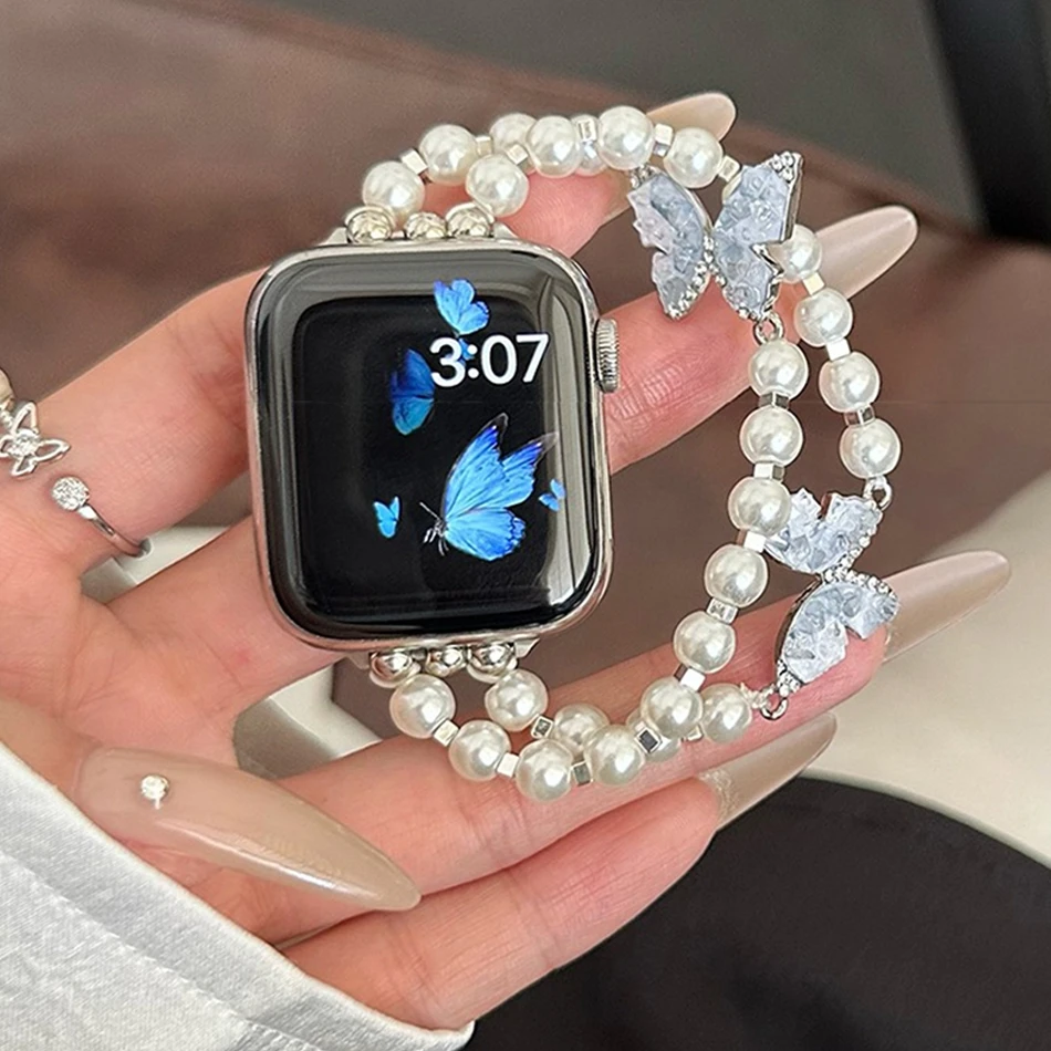 Luxuriöses Kristall-Schmetterlingsarmband für Apple Watch Band S11/10/9/8/7/SE/6/5/Ultra 3 Uhr 49/46/45/44/42/41/40/38 mm Perlenarmband – Detail 10