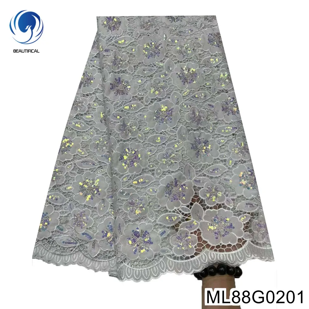 

Hot Sale Beads and Sequins Cloth，Nigerian Guipure Water Soluble Cord Lace Fabric，Exquisite Floral Design Evening Dress， ML88G02