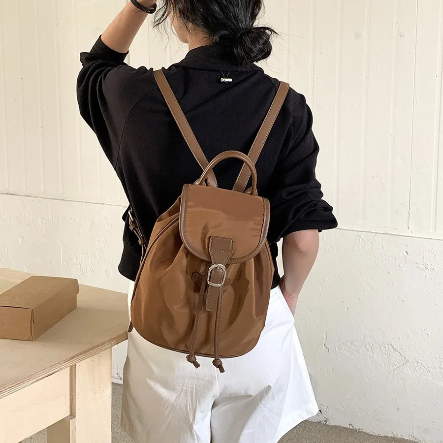 Retro Style Nylon Backpack for Women Thin Belt Backpack Casual Harajuku School Student Drawstring Flap Travel Vintage Backpack